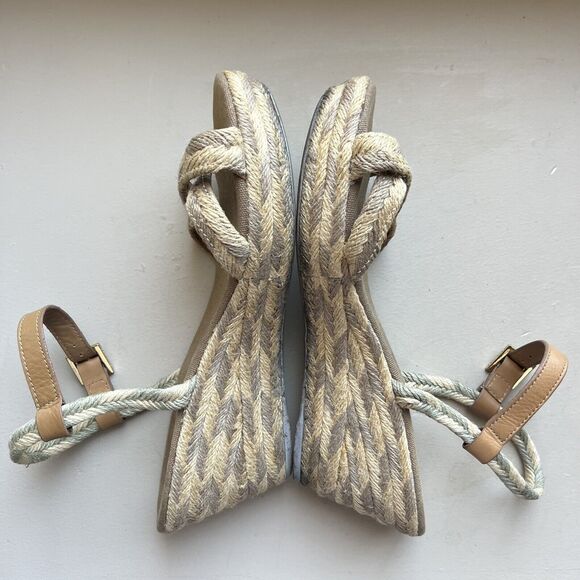 Tory Burch Camelia Tan Taupe Blended Jute Espadrille Wedge Sandal Ankle Strap 10 - Picture 4 of 16